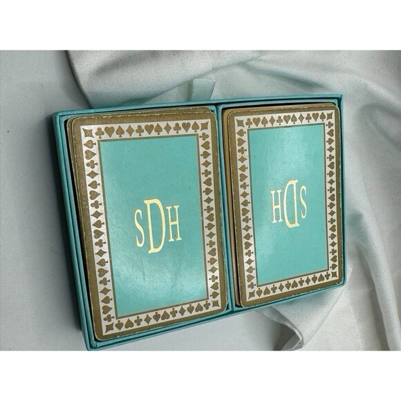 Vintage Tiffany & Co Deck Of Playing Cards Blue Gold Green Monogrammed SDH & Box - Picture 1 of 6